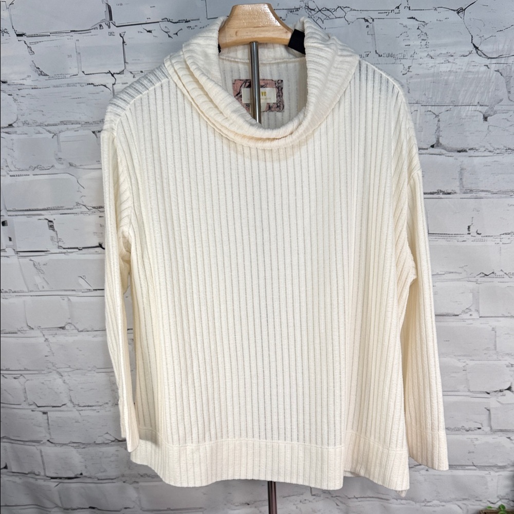 Maeve Cream Cowl Tunnel Neck Ribbed Split Hem Viscose‎ Blend Sweater Long Sleeve